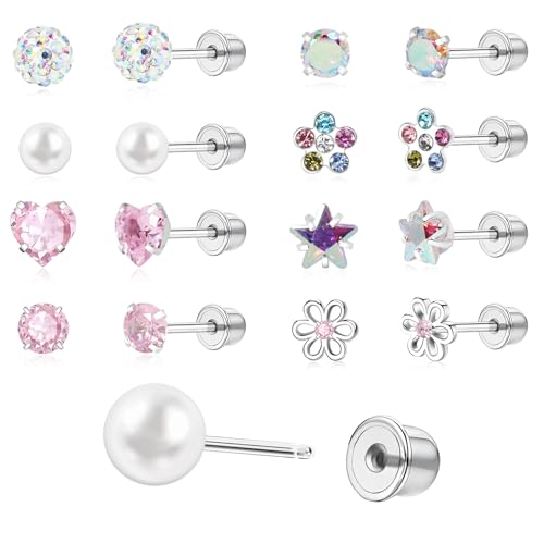 Toddler Earrings Push-in Threadless Flat Back Earrings for Girls Women Hypoallergenic Titanium Cartilage Earring for Sensitive Ears Cute Pearl Pink Heart Flower Star Cubic Zirconia Studs Earring Set