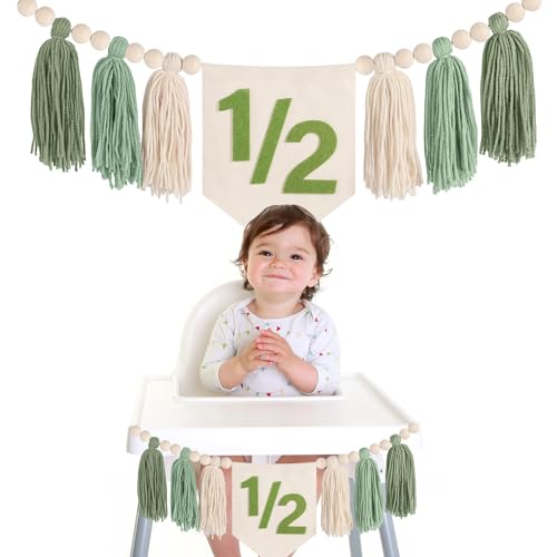 Image of 1/2 Birthday Decorations for Girls Boys - Dokuna Half Way to One Decorations, 6 Month 1/2 Birthday Tassel High Chair Banner (Green)