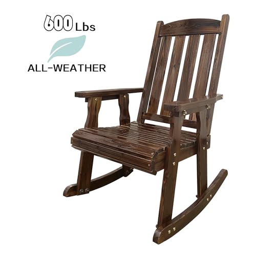 Wooden Rocking Chair with Comfortable Backrest Inclination, High Backrest and Deep Contoured Seat, Solid Fir Wood, Heavy Duty 600 LBS, for Both Outdoor and Indoor, Porch and Patio (Dark)
