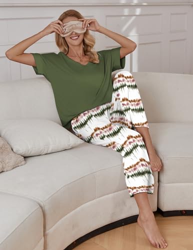Image of Ekouaer Pajama Sets for Women 2 Piece Lounge Set Short Sleeve Tops and Long Pants Soft Comfy Pjs Sleepwear Outfits S-XXL