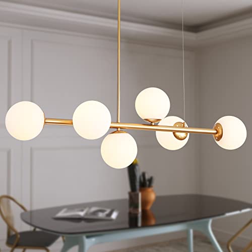 MEIXISUE Gold Modern Chandelier Island Light Fixtures,6-Lights Milk Glass Globes Linear Hanging Pendant Lighting for Kitchen Island Dining Room Table Living Room Bar L43.7