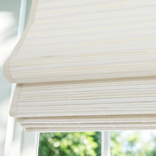 Custom Bamboo Roman Shades, Natural Woven Wood Window Blinds with Edge Trim, Light Filtering Bamboo Shades, Cordless Bamboo Blinds for Indoor Windows, Bedroom, Study, French Doors, Cream