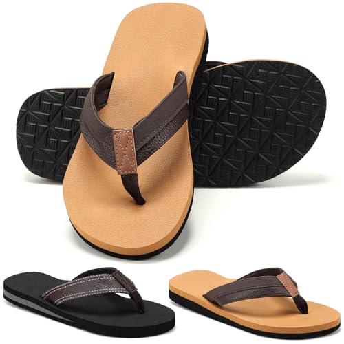 2 Pairs Men's Flip Flops Soft Cushion Footbed with Arch Support Leather Thong Sandals Beach Non Slip Slippers
