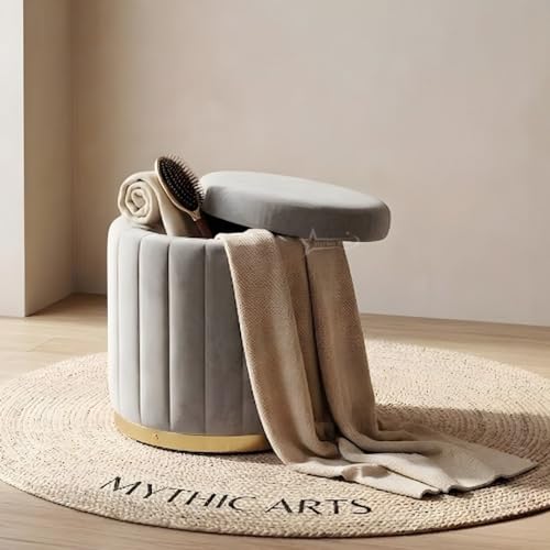 Image of Superior Round Storage Ottoman Stool 16 X 16X 19 inch, with Gold Metal Base | Elegant Pouffe with Secret Storage | Cushioned Footrest for Living Room, Bedroom, and Lounge Grey