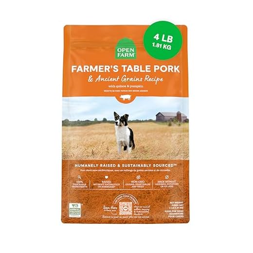 Open Farm, Ancient Grains Dry Dog Food, Protein-Rich & Nutrient Dense, 90% Animal Protein Mixed with Non-GMO Fruits, Veggies and Superfoods, Farmer's Table Pork Recipe, 4lb Bag