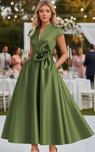 Tea Length Mother of Bride Dress with Short Sleeves Satin A-line Formal Women Wedding Guest Prom Gowns4