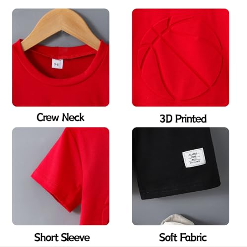 Image of Boys 2 Piece Outfits Short Sleeve Basketball Pattern T-Shirt and Shorts Summer Clothes for Kids 5-12 Years
