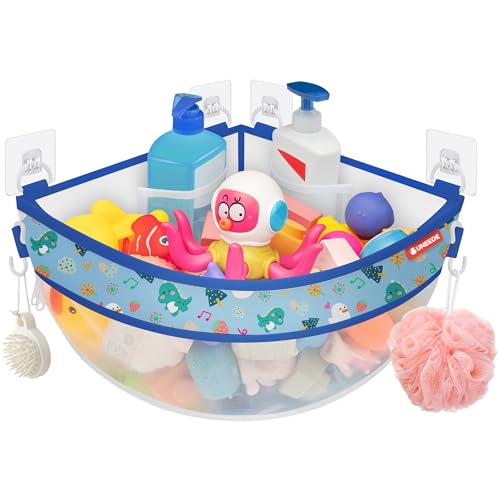 UNEEDE Badewannenspielzeug-Aufbewahrung für die Eckwand – Praktischer Badezimmer-Organizer mit 16,35L Fassungsvermögen, Dinosaurier-Druck– Ideal zur Aufbewahrung von Baby-Badespielzeug Platzsparend
