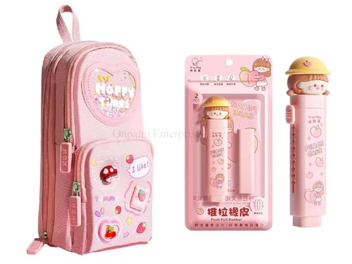 Image of Kawaii Cute Pencil Pouch with Push Pull Eraser Set for Kids,Premium Canvas Zipper Stationery Organizer Box with Cartoon Design | School Supplies Gift Combo for Boys & Girls (Happy Pink + Eraser)