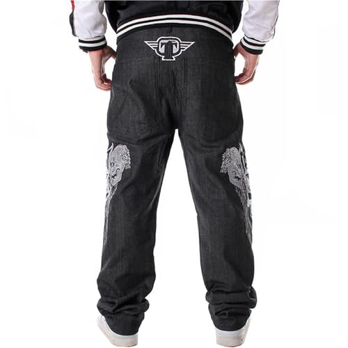 Men's Hip-Hop Embroidered Baggy Jeans - Loose Fit Printed Denim Pants for Dance Skateboard Streetwear