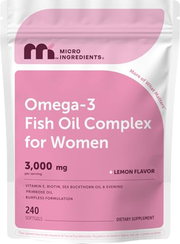 Micro Ingredients Omega-3 Fish Oil Complex for Women 240 Softgels | EPA DHA + Omega-7 | with Vitamin E Evening Primrose Oil Biotin Sea Buckthorn Oil | Lemon Flavor | Non-GMO Gluten Free