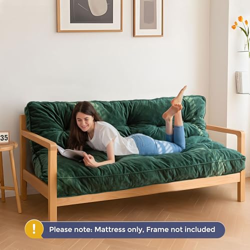 MAXYOYO 6" Futon Mattress Full Size, Velvet Thick Futons Sofa Couch Bed, Versatile Floor Mattress for Adults, Shredded Foam Filling (Frame Not Included), Green
