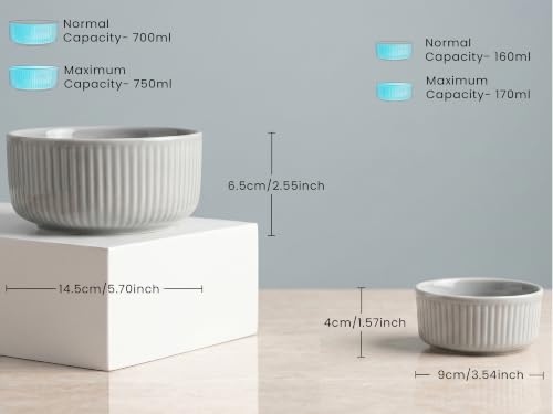 Image of Bodhi House 14-Piece Ribbed Porcelain Dinner Set for 6 | 6 Dinner Plates, 6 Katori & 2 Serving Bowls, Lightweight Microwave & Dishwasher Crockery Set for Home & Gifting, Pearl Grey