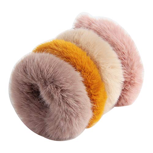SBYURE 4 Pieces Hair Scrunchies Rabbit Faux Fur Fluffy Ponytail Holder Pompom Ball Scrunchie Hair for Women ,Pink khaki beige yellow