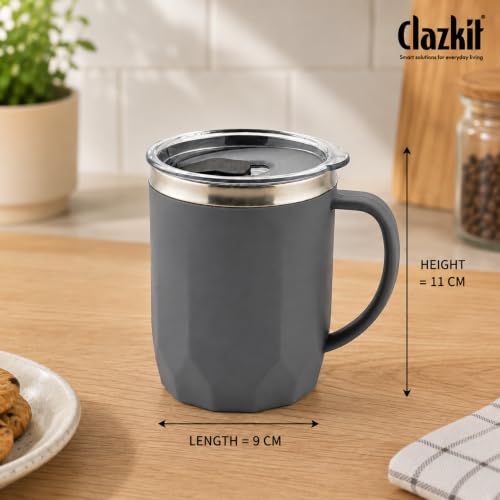 Image of Clazkit Travel Leak Proof Coffee Mug | Stainless Steel Coffee Tumbler | Spill-Proof Lid | Hot & Cold Vacuum Mug for Office, Travel & Car- 400ml - Grey