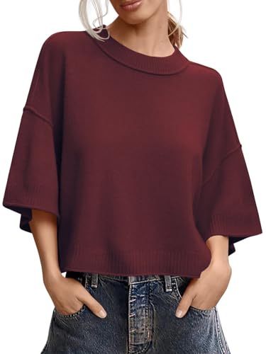 Image of Women's Short Sleeve Cropped Sweaters 2025 Summer Oversized Loose Fit Drop Shoulder Casual Sweater Tops