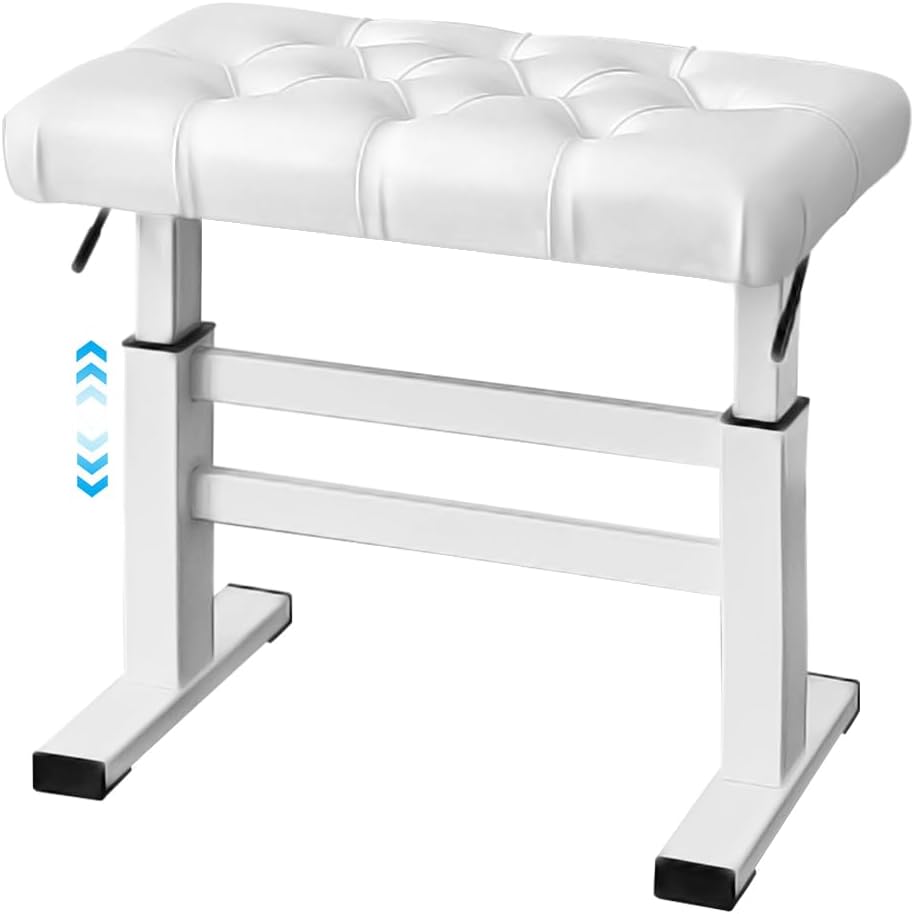 lumizone Height Adjustable Piano Bench Hydraulic Lifting Keyboard Bench with 23.62" x 14.17" PU Leather Heavy Duty Piano Stool High-Density Sponge & Alloy Base 2 Styles & 2 Colors (White, Tufted) Piano Bench B - White