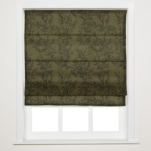Image of TWOPAGES No Drill Cordless Vintage Leaf Print Roman Shades Linen Textured Roman Blinds for Windows, Custom Made Room Darkening Light Filtering Roman Window Shades, Brown Olive, 1 Piece