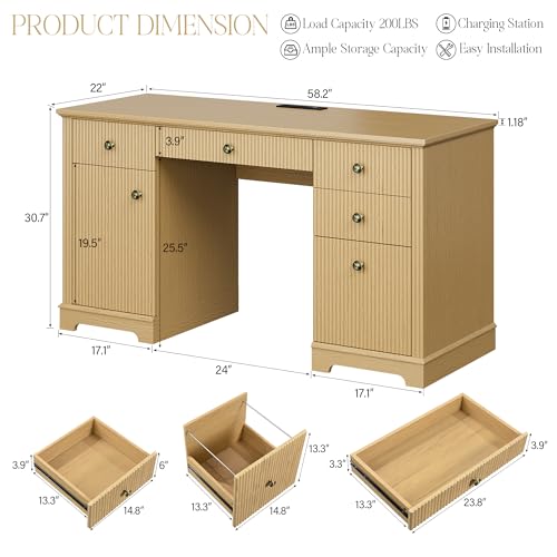59" Modern Executive Desk with Drawers, Wood Home Office Computer Desk with Charging Station, 5 Drawers & 1 Cabinet, File Drawer, Fluted Computer Writing Desk for Study, Living Room, Bedroom, Oak - Image 2
