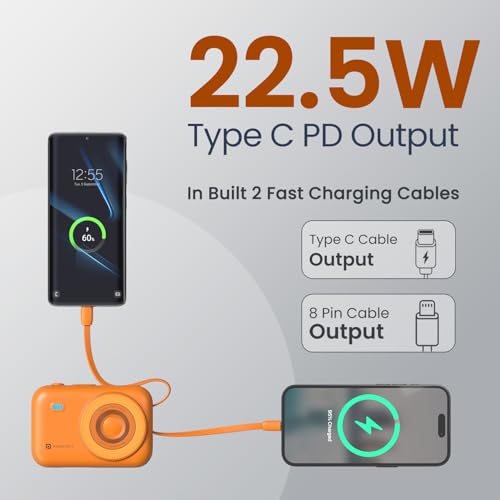 Image of Portronics Power Shutter 20000mAh 15W Magnetic Wireless Fast Charging Powerbank with in-Built Type C & 8 Pin Cable, 22.5W Type C PD Output, Type C Bidirectional Port, LED Display (Orange)