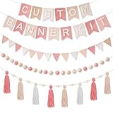 SmoothNovelty 139 Pcs Felt DIY Custom Banner Kit Include 104 Letters 18 Swallowtail Flags 15 Pennants 2 Pcs Pom Pom Garland Tassel Pompom Decoration for Home Baby Shower Birthday(Baby Pink)