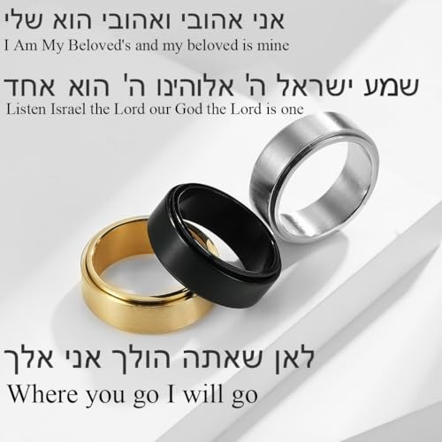 8mm Laser Engraved Ring Without Color Change Stainless Steel Spinner Ring Customize English & Hebrew Wedding Ring Band for Men Women, Multicolor, with Exquisite Velvet Bag, Size 6 to 122