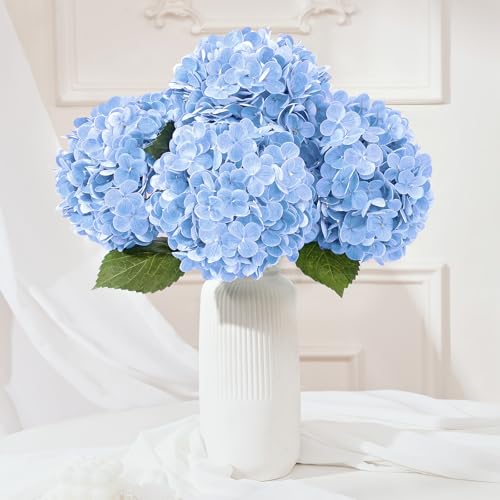 Yastouay Blue Hydrangea Artificial Flowers Real Touch Latex 4 Pcs