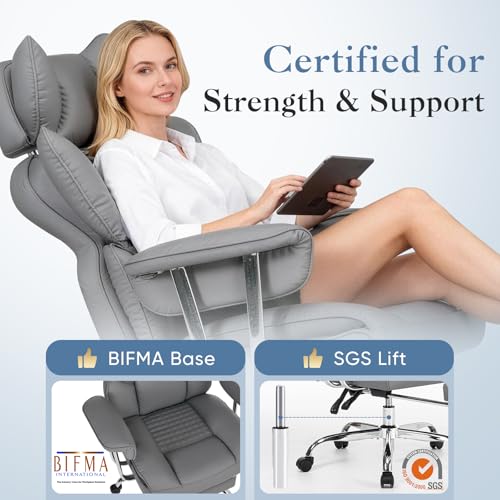 Image of DUMOS Big and Tall Office Chair 400 LBS, Scratch-Resistant PU Leather Executive Office Desk Chair with Footrest, Ergonomic Reclining Computer Chairs with Pocket Spring Support, Grey