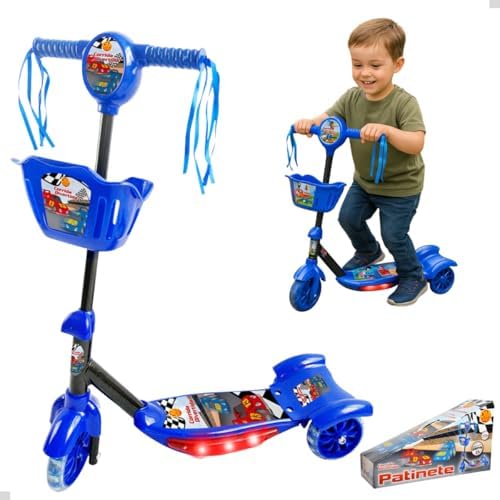 Patinete 3 Rodas Infantil Azul Cesta Luzes e Sons Brinquedo Menin...