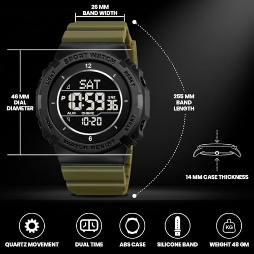 Image of V2A DIGITRON-AXON 2900 Digital Sports Watch for Men | Bold Round Display | Lightweight Waterproof Sports Watch with Alarm, Stopwatch, Backlight, Day & Date | Everyday Active Wear (Green)