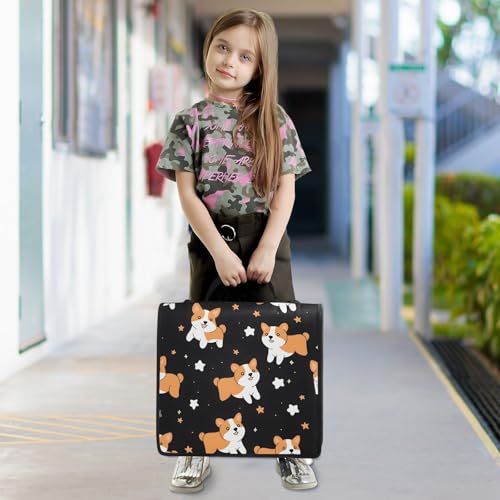 Image of 3 Ring Zipper Binder with Shoulder Strap Corgis Dog Star Black 1.5 inch Binders Keeper Large Capacity Multi Pockets for School Office Supplies