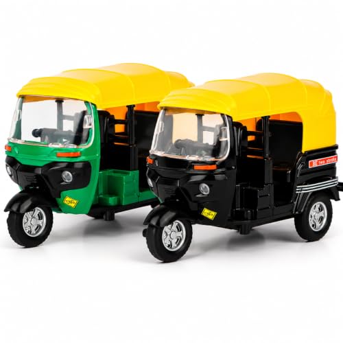 Image of PLUSPOINT Metal Auto Rickshaw Toy Set of 2 | Black & Green Die-Cast Metal Body | Pull Back Action Toy Vehicles | Detailed 3-Wheel Tuk Tuk Models for Kids | Pretend Play & Gifting