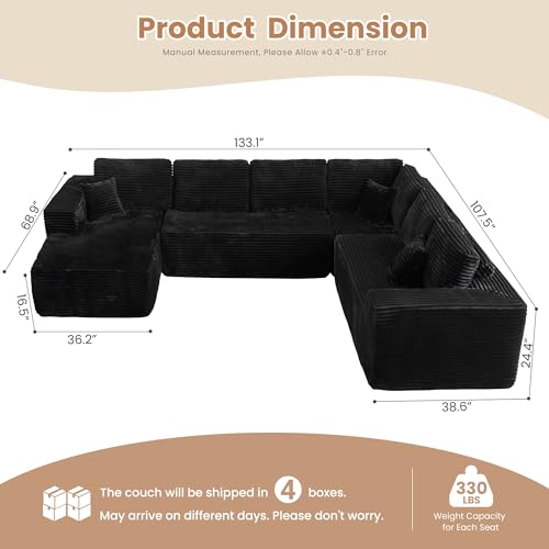 Image of HOOOWOOO Cloud Sectional Couches for Living Room,Modular Sectional Sofa No Assembly,133X108 Inch Plush Corduroy Large U Shaped Floor Couch Set with Deep Seat Left Chaise(Black)