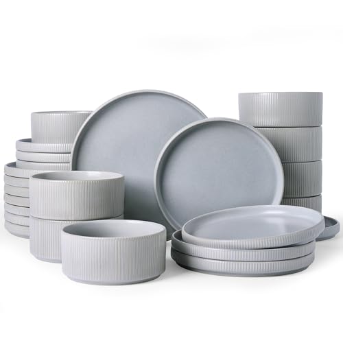 Image of Famiware Star 24-Piece Reactive Glaze Plates and Bowls Sets, Service for 8 - Stoneware Dinnerware Set, High Edge Ribbed Dishes, Chip & Scratch Resistant, Microwave & Dishwasher Safe, Matte Gray