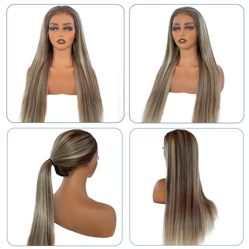 Image of Munx Ombre Highlight Ash Blonde Lace Front Wigs Human Hair, 13x6 HD Straight Lace Front Wigs Pre Plucked Balayage Glueless 180% Density Full Ends Wig Brown Roots Highlighted Human Hair Wig 20 inch
