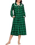 YOZLY Cotton Plaid Nightgown for Women Christmas Lace Trim Long Sleeve House Coat with Pockets, Black-Green Plaid, Large