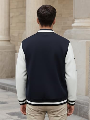 Image of CHKOKKO Men's Regular Varsity Jacket with Snap Button Closure and Patch Design Trendy Comfortable Outerwear for College Travel and Casual Wear