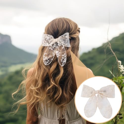OIIKI 2pcs Pinzas para el Cabello con Lazo de Encaje, Clips Grandes de Lazo de Tul para Mujeres, Boda - Negro y Beige miniatura 5