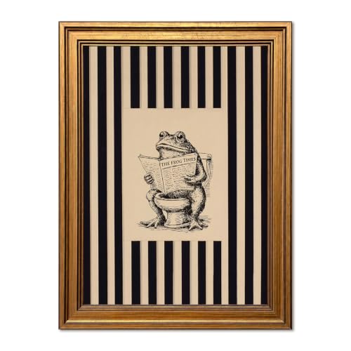 Vintage Gold Framed Funny Bathroom Wall Art, Whimsical Frog Reading Newspaper on Toilet Pictures Wall Decor, Cute Animal Paintings Canvas Prints Retro Stripe Decor for Bathroom Restroom 12x16 Inch