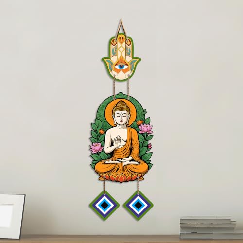 Image of Artvibes Buddha Wall Hanging with Hamsa Hand & Evil Eye Accents | Spiritual Wooden Decor for Meditation | Yoga and Prayer Spaces | Decorative Hanging Ornament for Home Entrance (WH 8596N)