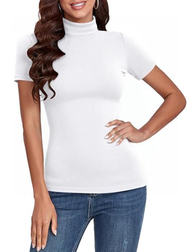 Totatuit Rippshirt Damen Kurzarm Turtleneck Shirt Stehkragen Pulli Unterziehshirt Rollkragen für Frühling Herbst Baumwolle Oberteile Weiß XXL