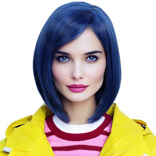 Linfairy Womens Short Blue Bob Wig With Bangs Halloween Costume Cosplay Wig