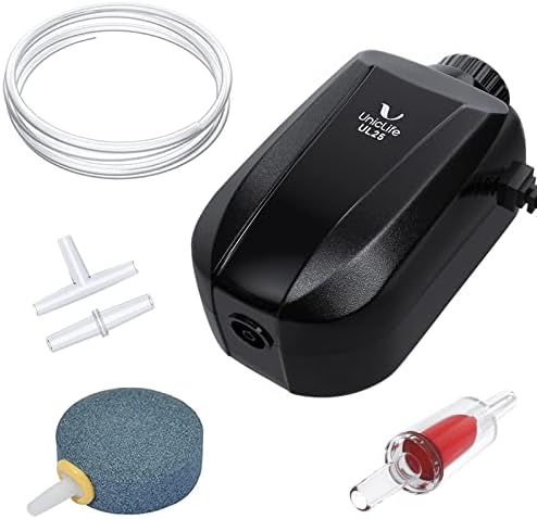 Uniclife 30 GPH Aquarium Air Pump Adjustable Quiet Oxygen Aerator Pump with Air Stone Airline Tubing Check Valve and Connector Accessories for Small Fish Tanks Ponds up to 30 Gallons