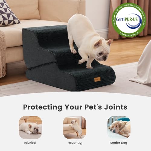 Image of Gardner Pet Dog Stairs for Small Dogs 16.5 inch H, 2 in 1 Transformable 3-Step Pet Stairs and Dog Ramp for Couch (13-20 in), Black Adjustable Pet Steps with Non-Slip Waterproof Cover and CertiPUR-US Foam