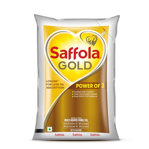 Image of Saffola Gold Refined Cooking oil | Power of 3 - Balance of Good Fats, Triple Anti-Oxidant System & Fortified with Vitamins | Multi-Source Edible Rice Bran & Sunflower Oil | 1 Litre Pouch