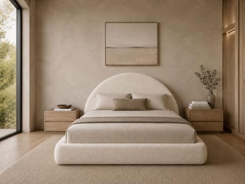 Image of Round Bed - Washable Zip Cover - Upholstered Linen Soft Foam - Modular Minimalist Modern - Half Circle Moon - Sold Sold Separately (Cream Boucle, Queen Base New)