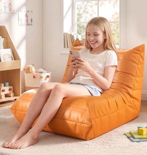 Image of Hobestluk Small Bean Bag Chair Waterproof Leather Beanbag Lazy Floor Sofa Bean Bags with Memory Foam Filled Lounge Sofa Armless Chair for Bedroom Playroom and Reading Dorm Easy Clean (Orange, Medium)