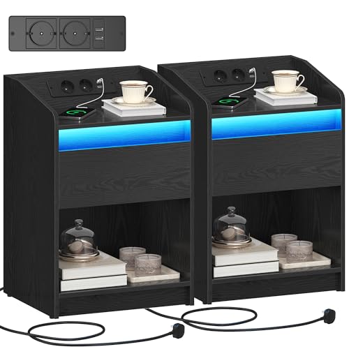 Hzuaneri Table de Nuit Lot de 2, avec lumière LED, Tables d'appoint avec Station de Charge, 1 tiroir de Rangement Table de Chevet pour Chambre à Coucher, Salon, 2...