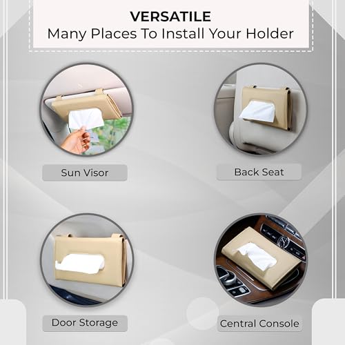Image of Amazon Basics Car Tissue Box Holder | Leather | Reusable Tissue Box for Car(Pack of 1)| Adjustable Strap | Perfect Design | Easy to Use | Multi-Functional | (Beige)