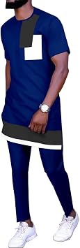 Mens African Clothes 2 Piece Set Dashiki Shirt and Pant Cotton Formal Outfits Suit Traditional Short Sleeve Tracksuit Color Blue 1, Size Large